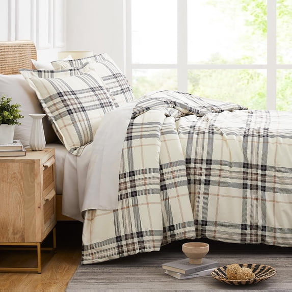 Southshore Fine Living, Inc. 3-Piece Full/Queen Comforter Set with 2 Pillow Shams, Premium Bedding Set, Oversized Down Alternative Lightweight, All Season Comforter Queen Size/Full, Tofu Cream Plaid