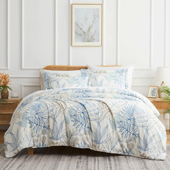 Southshore Fine Living, Inc. 3-Piece King or California King Comforter Set with 2 King Size Pillow Shams, Soft and Comfy Double Brushed Microfiber, Down Alternative King Bedding; Tropical Leaf Blue
