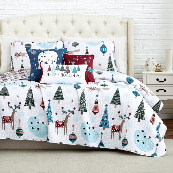 Southshore Fine Living, Inc. 5-Piece Christmas Quilt Set, Cute Trees & Reindeer Over Red Plaid Print