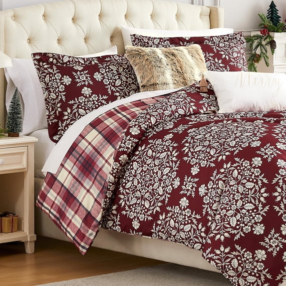 Southshore Fine Living, Inc. Christmas Comforter King Set, Reversible Bedding, Red Plaid & Holly