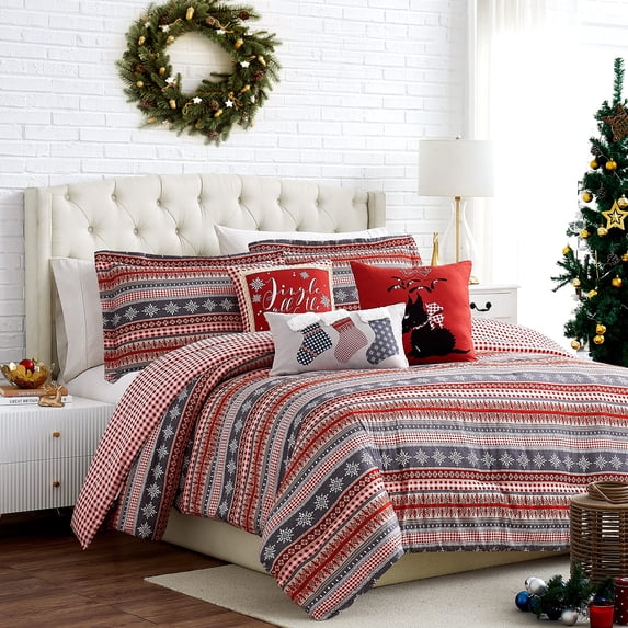 Southshore Fine Living, Inc. Christmas Comforter Set Twin Size, Red Checkered Over Snowflake Print