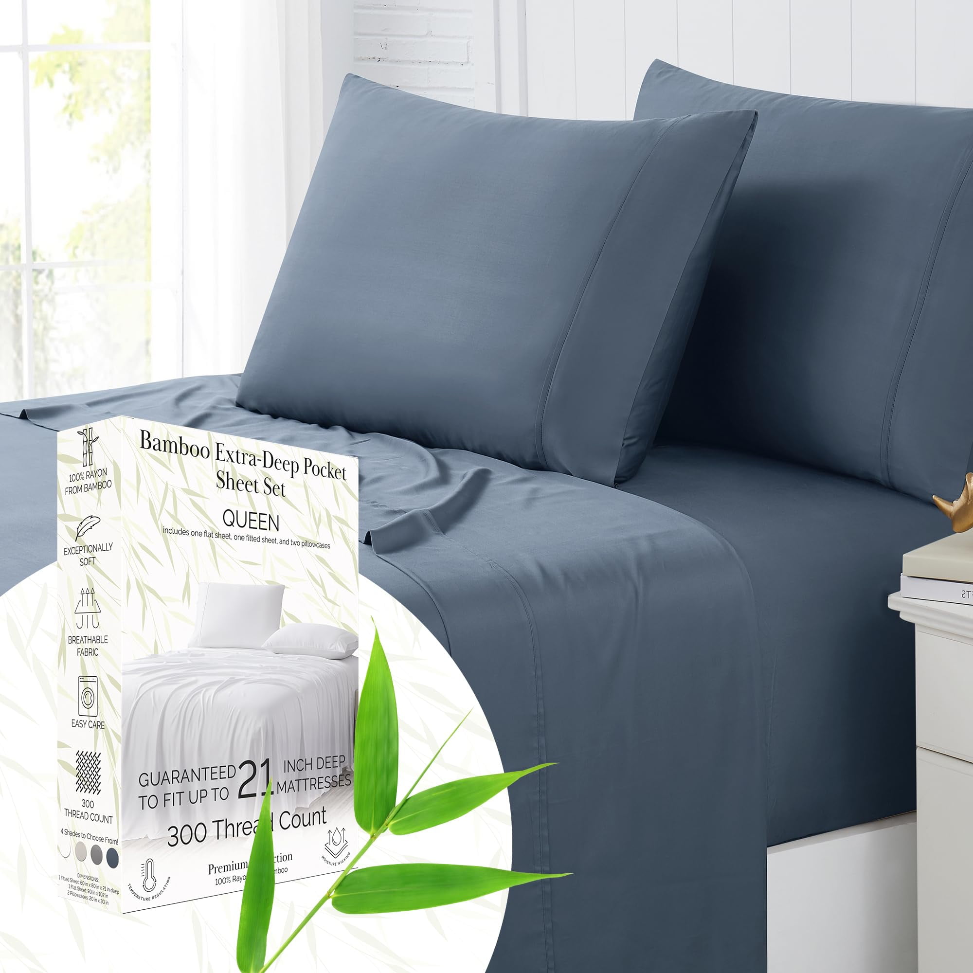 Southshore Fine Living, Inc. Deep Pocket Queen Sheet Set, Rayon Derived from Bamboo, Steel Blue