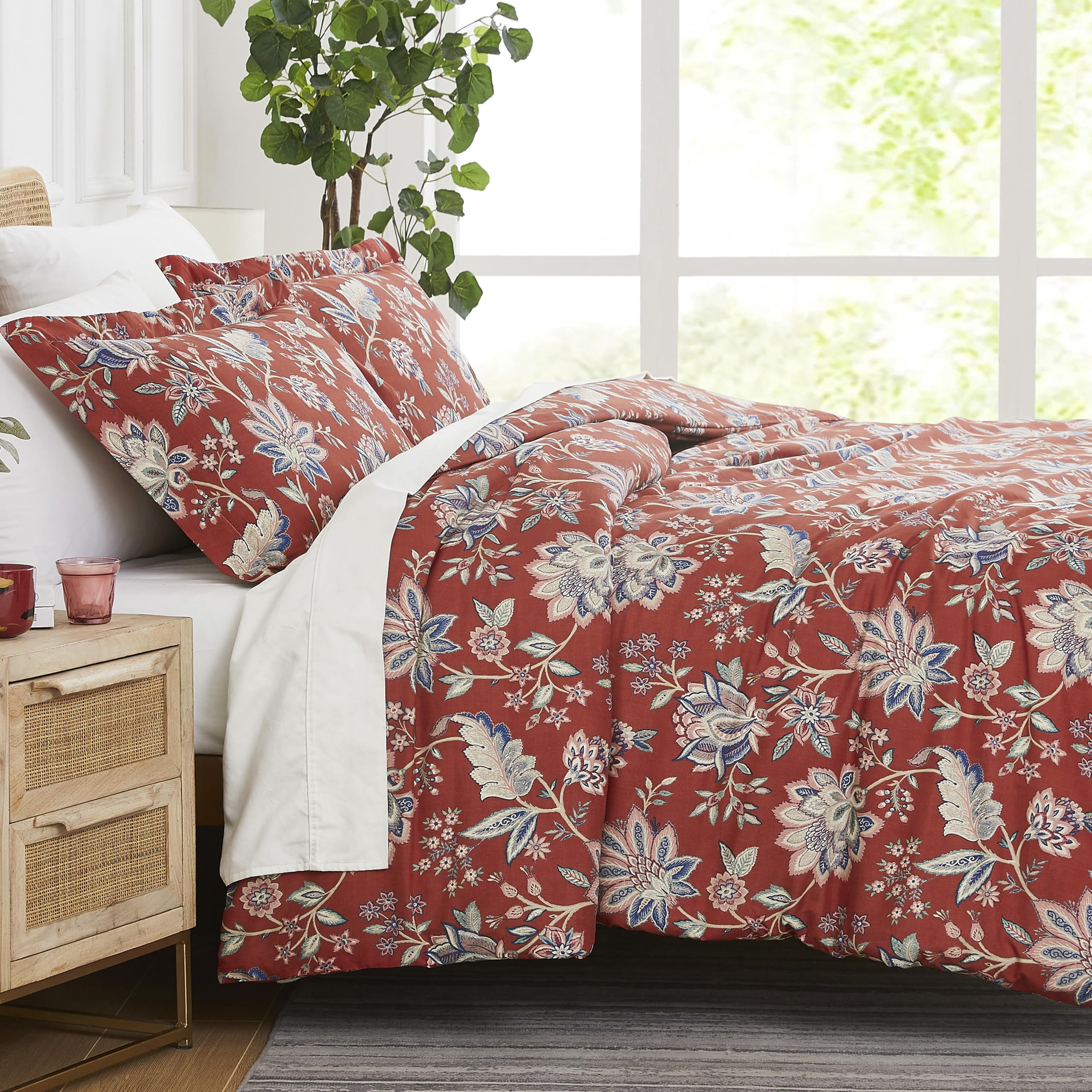 Southshore Fine Living, Inc. Jacobean Willow Collection Oversized King Duvet Cover Set, Floral Duvet Cover 3-Piece, Two Matching Shams (108 in Wide x 98 in Long), red, King/California King