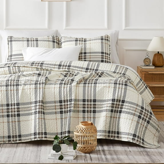 Southshore Fine Living, Inc. Oversized King Quilt Bedding Set, 3-Piece Bed Set, Tofu Cream Plaid