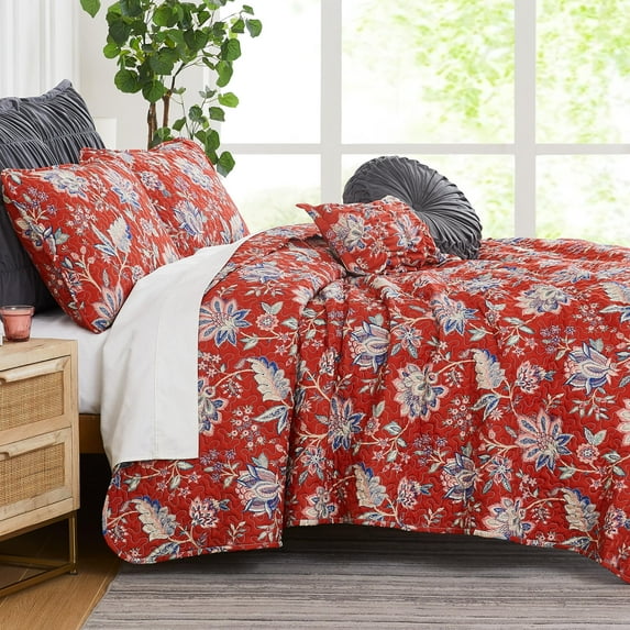 Southshore Fine Living, Inc. Oversized King Quilt Bedding Set 7-Pieces with Quilt, Pillow Shams, Euro Shams, 2 Throw Pillows; Boho Bedding Set with King / California King Size Quilt, Jacobean Red
