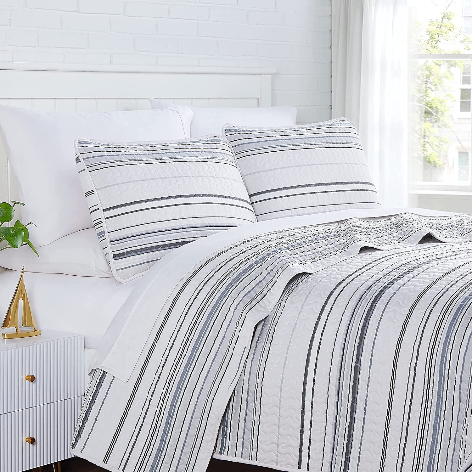 Oversized Gray and White Striped Microfiber King Quilt Set