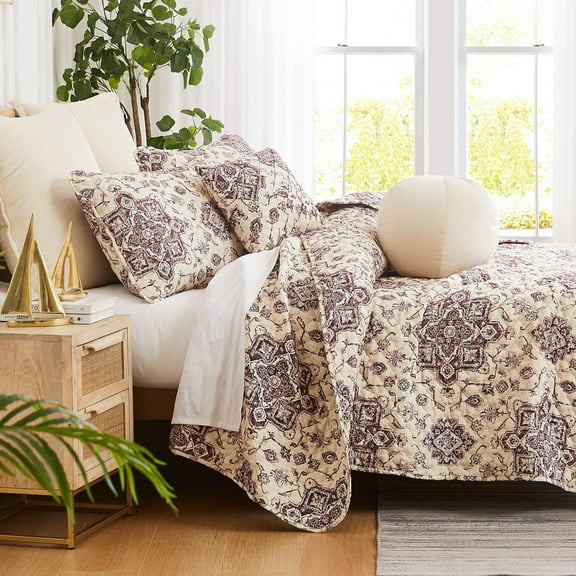 Southshore Fine Living, Inc. Oversized Twin Quilt Bedding Set, 5-Pieces with Quilt, Pillow Sham, Euro Sham, 2 Throw Pillows, Boho Bedding Set for Twin and Twin XL Beds, Persian Eggplant Purple