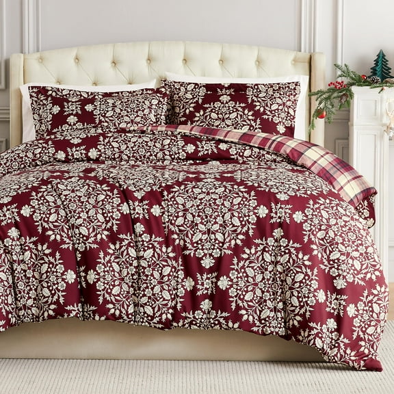 Southshore Fine Living, Inc. Red Christmas Comforter King with 2 Pillow Shams - Red Plaid & Holly