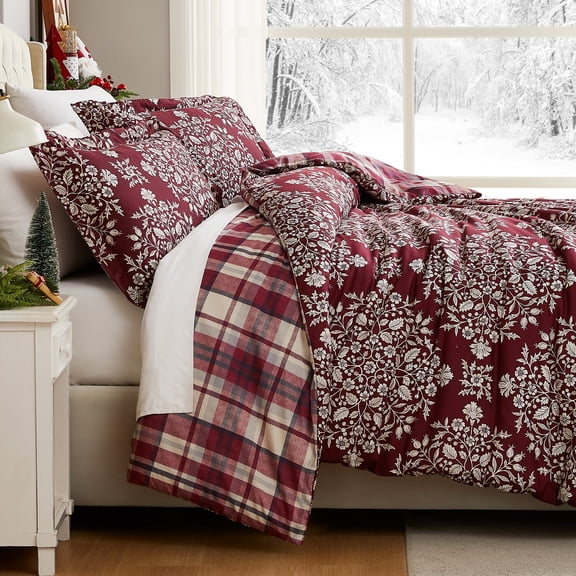 Southshore Fine Living, Inc. Reversible Bedding Set with 2 Patterns - Red Plaid & Holly Print