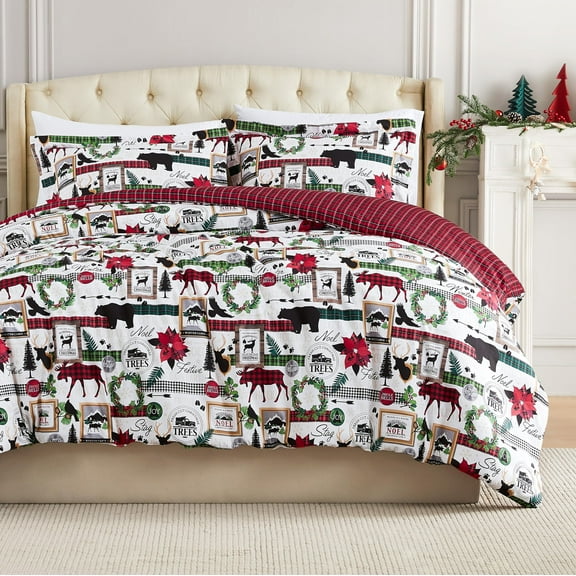 Southshore Fine Living, Inc. Reversible Holiday Bedding Set with 2 Prints - Red Plaid Cabin Print