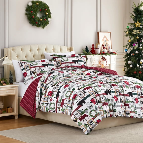 Southshore Fine Living, Inc. Reversible Holiday Bedding Set with 2 Prints - Red Plaid Cabin Print