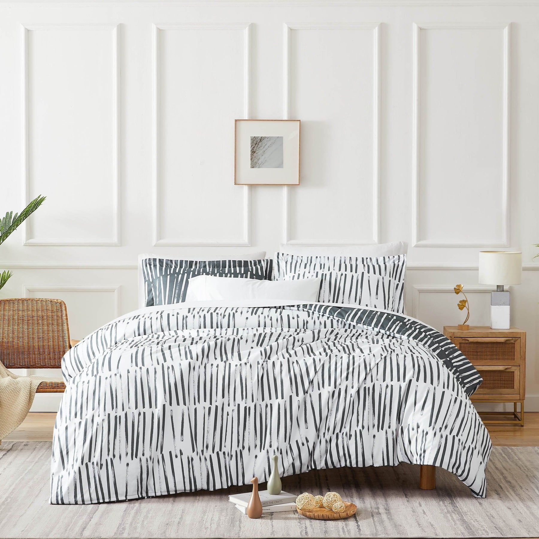 Charcoal and White Striped Microfiber Full/Queen Duvet Cover Set