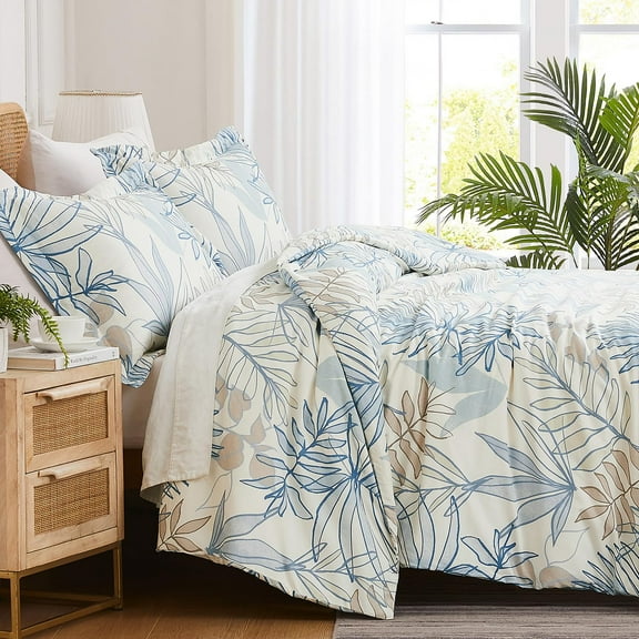 Southshore Fine Living, Inc. Tropic Leaf Collection Oversized Duvet Cover Queen Bedding Set, Printed Duvet Cover Set 3-Piece with Two Matching Shams, Blue, Full/Queen