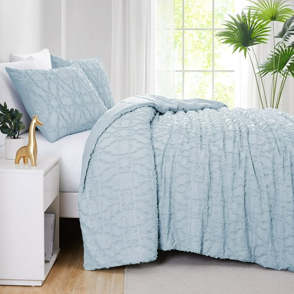 Southshore Fine Living, Inc. Tufted Comforter Bedding Set Clipped Jacqaurd Down Alternative All-Season Warmth, Soft Reversible Bedspread 3-Piece with Two Matching Shams, Boho Blue, Full/Queen