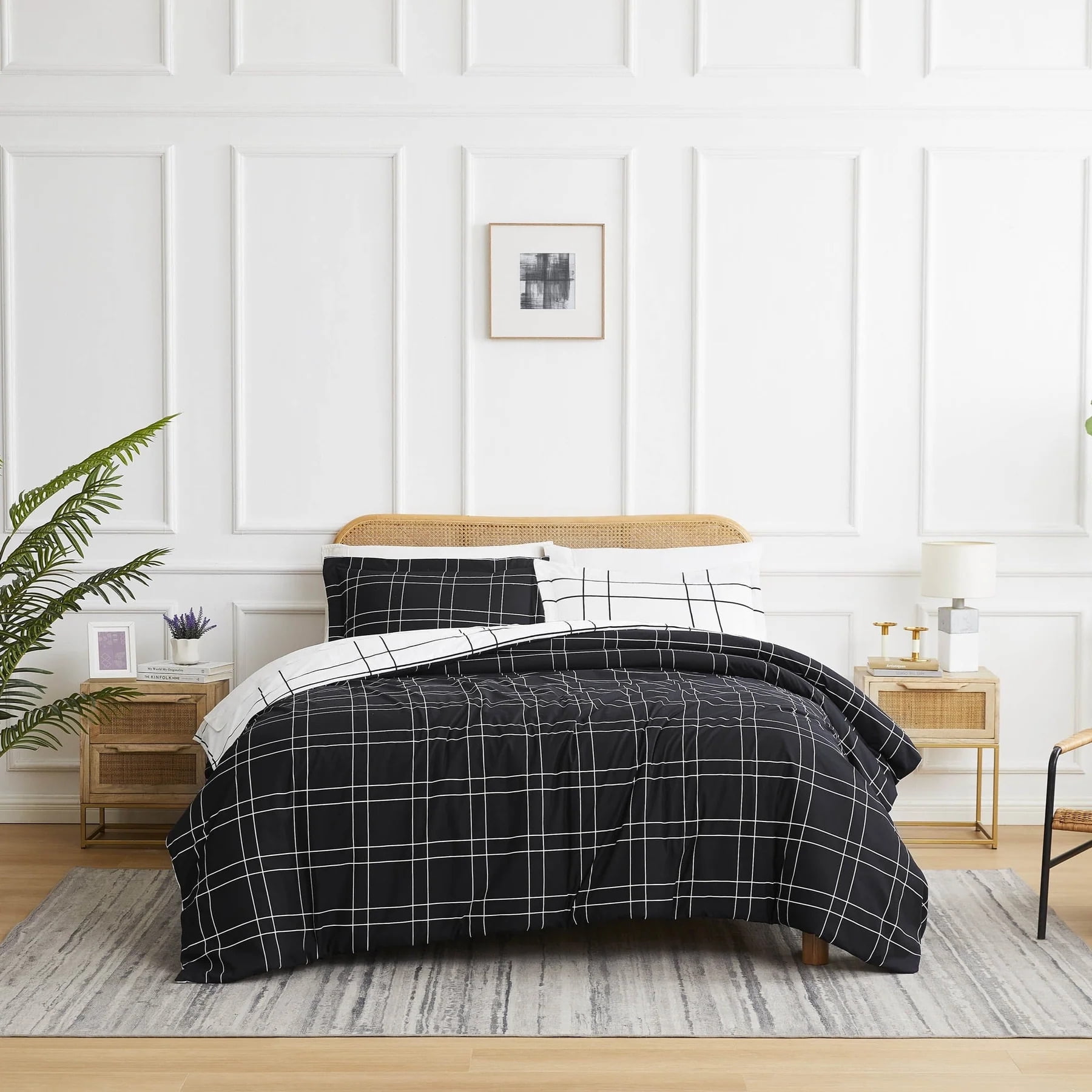 Oversized Black and White Grid King Duvet Cover Set
