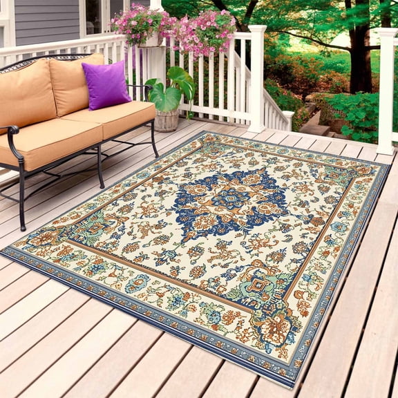 Southwest America Outdoor Rug 4x6 Ft, Non Slip Washable Area Rug, Orange Blue Desert Bohemian Tribal Patio Rugs Carpet Runner, Large Floor Mat for Indoor/Outdoor Deck Porch Camping