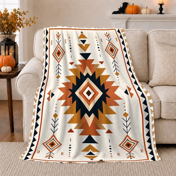 Southwest American Indian Geometric Diamond Pattern, Dramatic Artistic Scene, Warm Flannel Blanket for Home Library and Reading Nook, Art Lovers Housewarming Gift, Artistic Home Decor