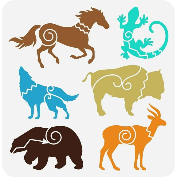 Southwest Animal Stencil 11.8x11.8inch Reusable Horse Lizard Wolf Bear Bison Goat Drawing Stencil DIY Art Animal Decoration Template for DIY Painting on Wood Wall and Furniture