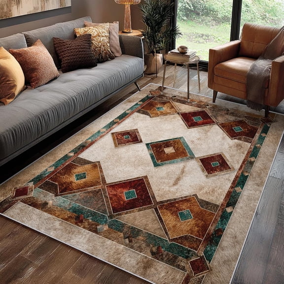 Southwest Area Rugs, Western Rustic Geometric Pattern Carpet, Washable Non Slip Low Pile Soft Rug for Living Room Bedroom Decor Mat 2x3ft
