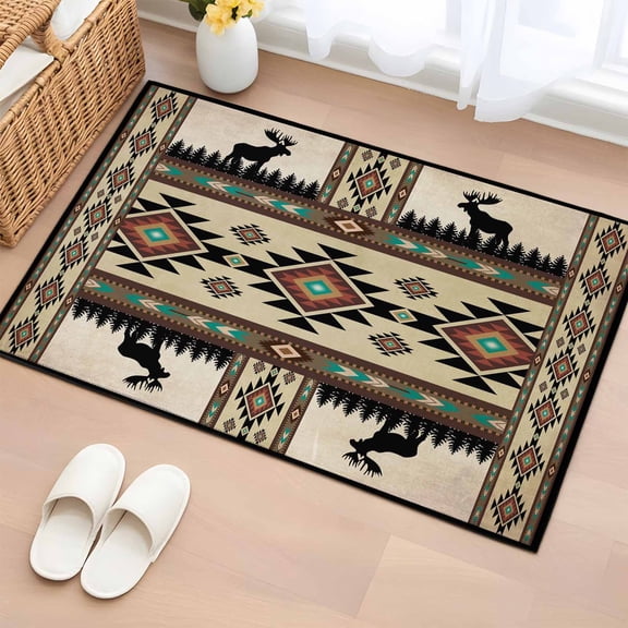 Southwest Aztec Bathroom Rug Washable 2x3 Entryway Rug Non Slip Brown Forest Tree Elk Geometric Green Front Door Mat Low Pile Indoor Doormat Throw Floor Carpet for Kitchen Bedroom Entrance