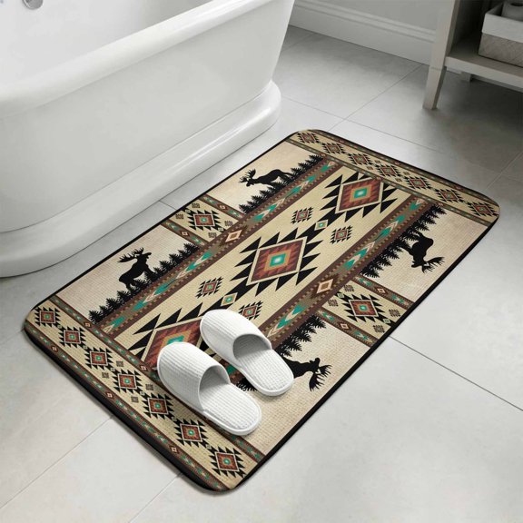 Southwest Aztec Bathroom Rugs Non Slip Washable Bath Mat Absorbent Front Door Mat Brown Forest Tree Elk Geometric Green Indoor Doormat for Kitchen Entryway Shower Decor Accessories 15.7"x23.6"
