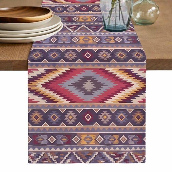 Southwest Aztec Cotton Linen Table Runner for Dining Kitchen, Country Retro Ethnic Geometric Motifs Wedding Outdoor Party Tablerunners Decoration, Dresser Scarf Coffee Tablecloth Runners 13x36 Inches