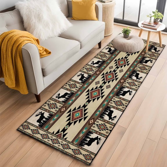 Southwest Aztec Kitchen Runner Rug 2x6 Washable Runners for Hallway Non Slip Brown Forest Tree Elk Geometric Green Large Area Rug Indoor Floor Carpet for Bathroom Laundry Entryway Bedroom Living Room