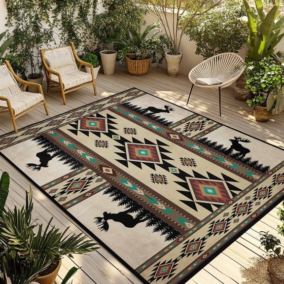 Southwest Aztec Outdoor Rug 3x5 Ft - Reversible Patio Rug Outdoor Camping Rugs, Brown Forest Tree Elk Geometric Green Washable Indoor Outdoor Area Rugs, Non-Slip Outdoor Carpet Runner for Deck/Porch