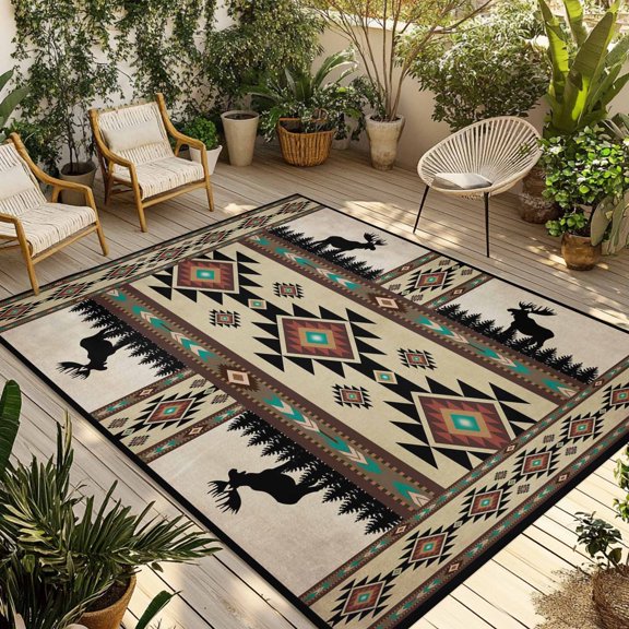 Southwest Aztec Outdoor Rug 5x8 Ft - Reversible Patio Rug Outdoor Camping Rugs, Brown Forest Tree Elk Geometric Green Washable Indoor Outdoor Area Rugs, Non-Slip Outdoor Carpet Runner for Deck/Porch