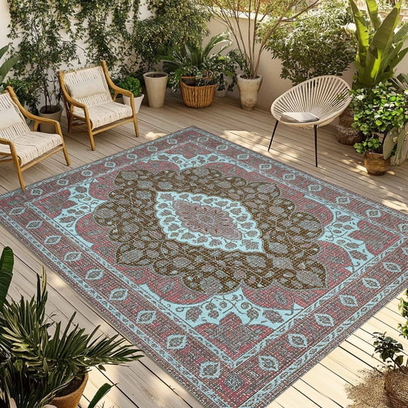 Southwest Aztec Outdoor Rug 6x9 Ft - Reversible Patio Rug Outdoor Camping Rugs, Boho Farmhouse Retro Ethnic Floral Washable Indoor Outdoor Area Rugs, Non-Slip Outdoor Carpet Runner for Deck/Porch
