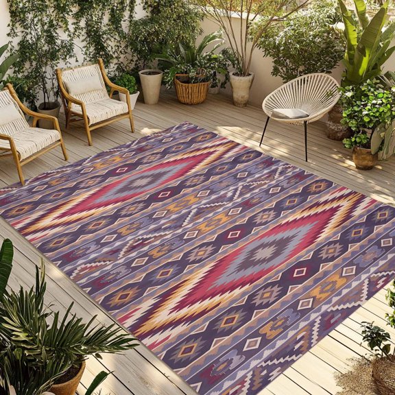 Southwest Aztec Outdoor Rug 6x9 Ft - Reversible Patio Rug Outdoor Camping Rugs, Country Retro Ethnic Geometric Motifs Washable Indoor Outdoor Area Rugs, Non-Slip Outdoor Carpet Runner for Deck/Porch
