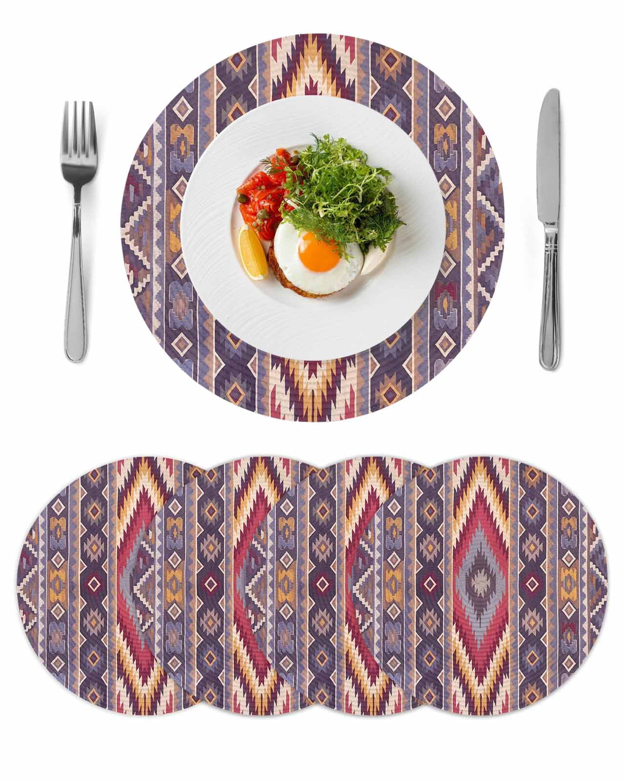 Southwest Aztec Round 13 Inch Placemats Set of 4, Country Retro Ethnic Geometric Motifs HeatResistant Non Slip Place Mats for Dining Table, Wipeable Braided Kitchen Table Mats for Housewarming