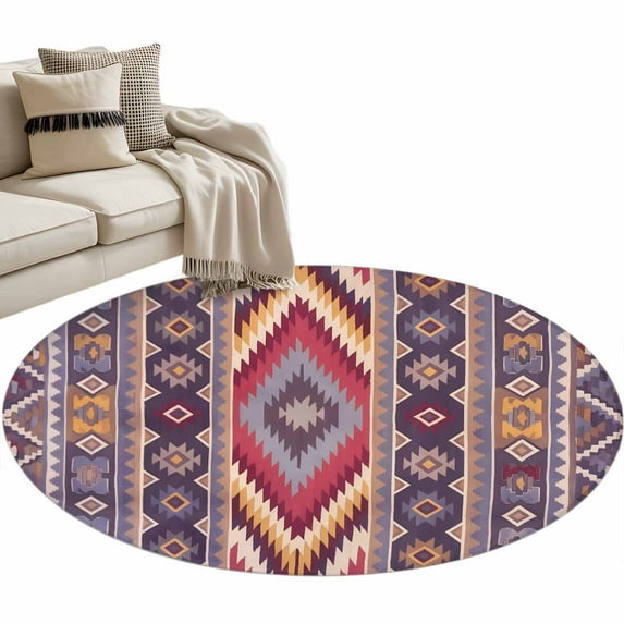Southwest Aztec Round Area Rug 4ft, Country Retro Ethnic Geometric Motifs Washable Non-Slip Circle Rugs for Bedroom Living Room Kitchen, Soft Non Shedding Circle Carpet for Dining Room Dorm