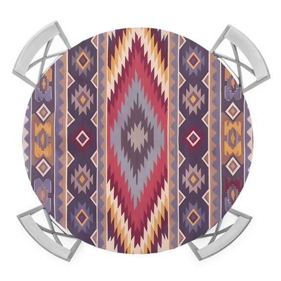 Southwest Aztec Round Tablecloth for 36-44 Inch Tables,Fitted Table Cover with Elastic Edge,Country Retro Ethnic Geometric Motifs Waterproof Outdoor Table Cloth Protector for Patio Garden Dinner