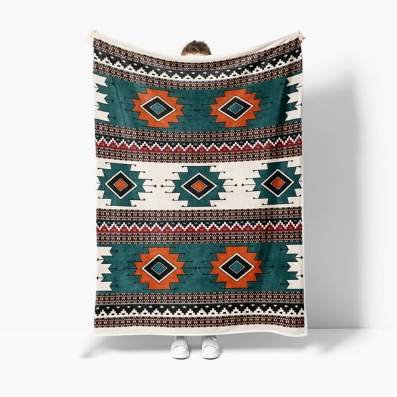 Southwest Aztec Throw Blankets, Traditional Patterned Flannel Soft Throw Blanket, Boho Southwestern Decor Throw Blanket for Couch, Chair, Camping, Bed, 60"X80", Teal and Beige