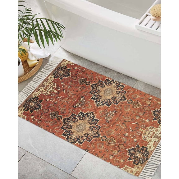 Southwest,Bath Rug 2x3ft Woven Bathroom Entryway Runner Rug,Geometric Stripe Boho Native Flower Print Washable Living Room Hallway Bedroom Kitchen Carpet with Tassels,Indoor Outdoor Throw Doormat