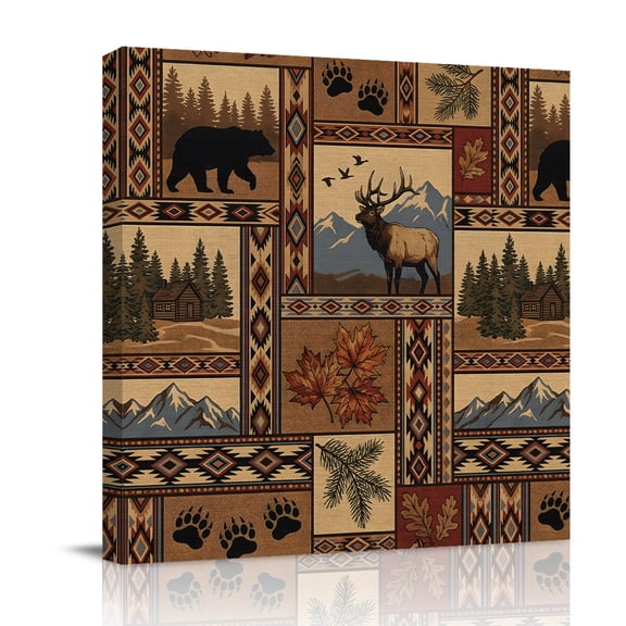 Southwest Bear Deer Canvas Wall Art for Living Room, Rustic Cabin Country Forest Mountain Poster Print Painting for Bedroom Office Home Decoration Wall Pictures Prepare To Hang 16"x16"