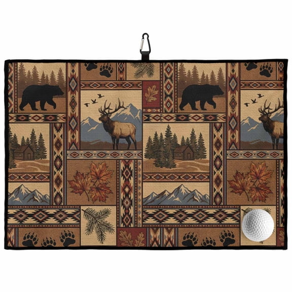 Southwest Bear Deer Golf Towel 24" X 16" Rustic Cabin Country Forest Mountain Microfiber Towels for Golf Bags with Carabiner Clip Absorbent Waffle Texture Portable Towel Golf Accessories for Men