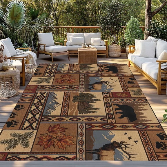 Southwest Bear Deer Indoor Outdoor Rugs 4x6 Ft, Rustic Cabin Country Forest Mountain Outdoor Patio Rugs Mat Washable Outside Area Rugs Carpet for Porch Deck RV Camping Pool Balcony Backyard