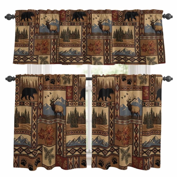 Southwest Bear Deer Kitchen Curtains Valances 3 Piece Set, Rustic Cabin Country Forest Mountain Rod Pocket Tier Curtain and Valance Drapes for Small Window 24 Inch Length for Bedroom Cafe