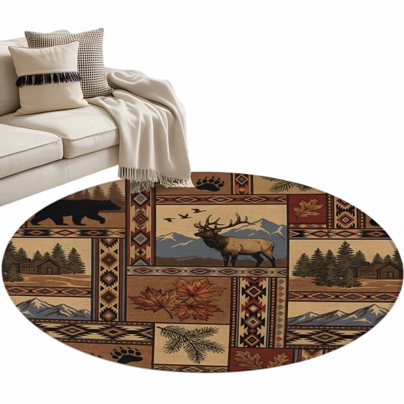 Southwest Bear Deer Round Area Rugs 3 ft, Rustic Cabin Country Forest Mountain Washable Small Area Rug with Non-Slip Sturdy Edge Binding Round Front Door Mat Floor Carpet for Entryway