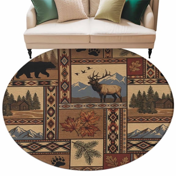 Southwest Bear Deer Round Living Room Rugs 8 ft, Rustic Cabin Country Forest Mountain Washable Large Area Rug with Non-Slip Sturdy Edge Binding Round Carpet for Dining Room Kitchen Office