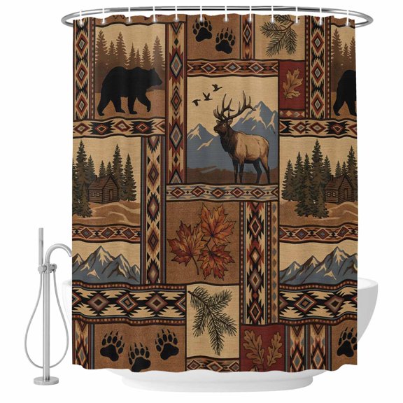 Southwest Bear Deer Shower Curtain, 60"x72", Rustic Cabin Country Forest Mountain Waterproof Bathroom Curtain Washable Shower Curtain Set with 12 Hooks