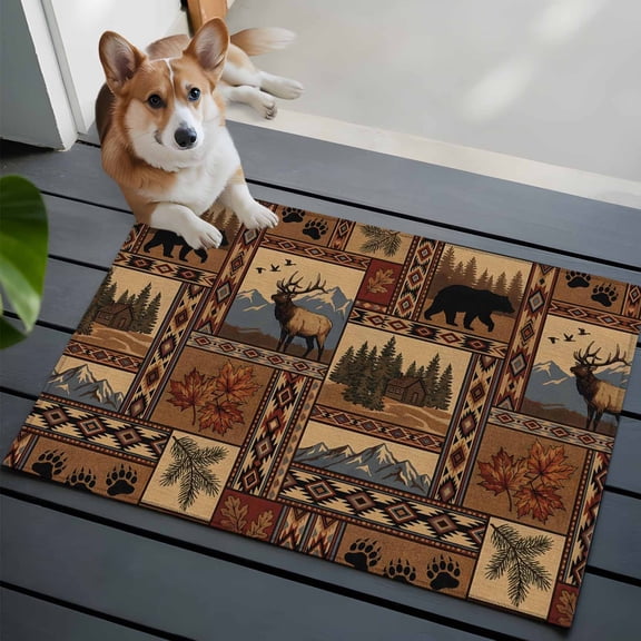 Southwest Bear Deer Small Area Rugs 2x3 Rustic Cabin Country Forest Mountain Entryway Rugs Washable Door Mat, Low-Profile Area Rugs Non Slip Floor Carpet for Living Room Bedroom Home Office
