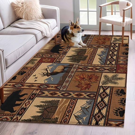 Southwest Bear Deer Washable Area Rug 4x6 Rustic Cabin Country Forest Mountain Low-Profile Large Area Rugs with Non Slip Backing Indoor Floor Carpet for Entrance Living Room Bedroom Home Office