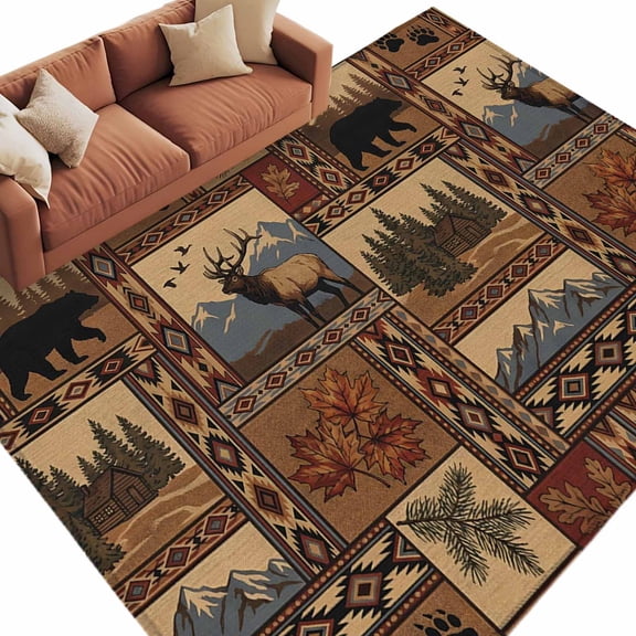 Southwest Bear Deer Washable Living Room Rugs 6'x9', Rustic Cabin Country Forest Mountain Low Pile Throw Large Area Rug Non-Slip Sturdy Edge Binding Carpet for Dining Room Kitchen Office