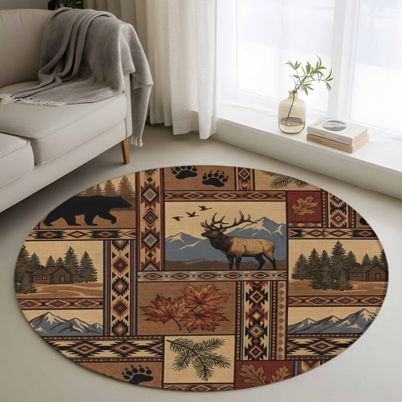 Southwest Bear Deer Washable Round Area Rug 3 ft, Rustic Cabin Country Forest Mountain , Soft Non Slip Rugs Stain Repellent Indoor Felt Carpet for Living Dining Room Bedroom Home Office
