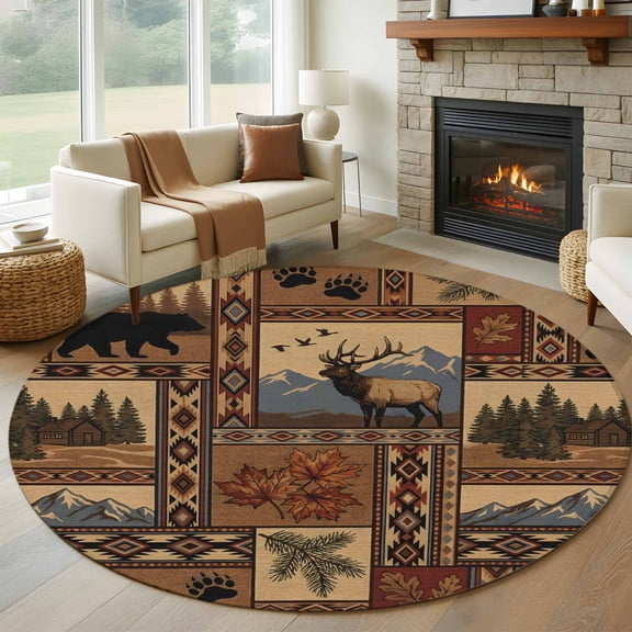 Southwest Bear Deer Washable Round Area Rug 7 ft, Rustic Cabin Country Forest Mountain , Soft Non Slip Rugs Stain Repellent Indoor Felt Carpet for Living Dining Room Bedroom Home Office