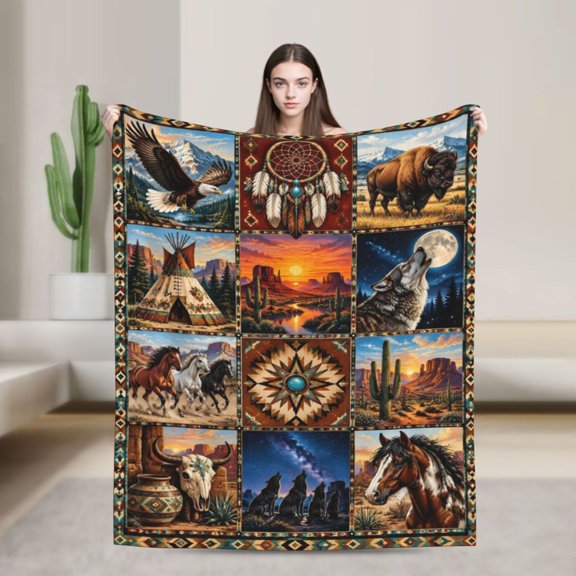 Southwest Blanket Native Wolf Horse Eagle Desert Cactus Gift for Men Who Love Art 50x40 in
