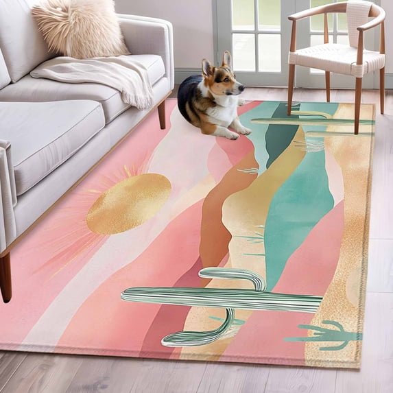 Southwest Boho Area Rug 3x5 FT, Non Slip Entryway Bedside Carpet, Abstract Watercolor Cactus Mountain Washable Soft Floor Carpet Indoor Mat Non-Shedding Throw Rugs for Dorm Kitchen Home Office